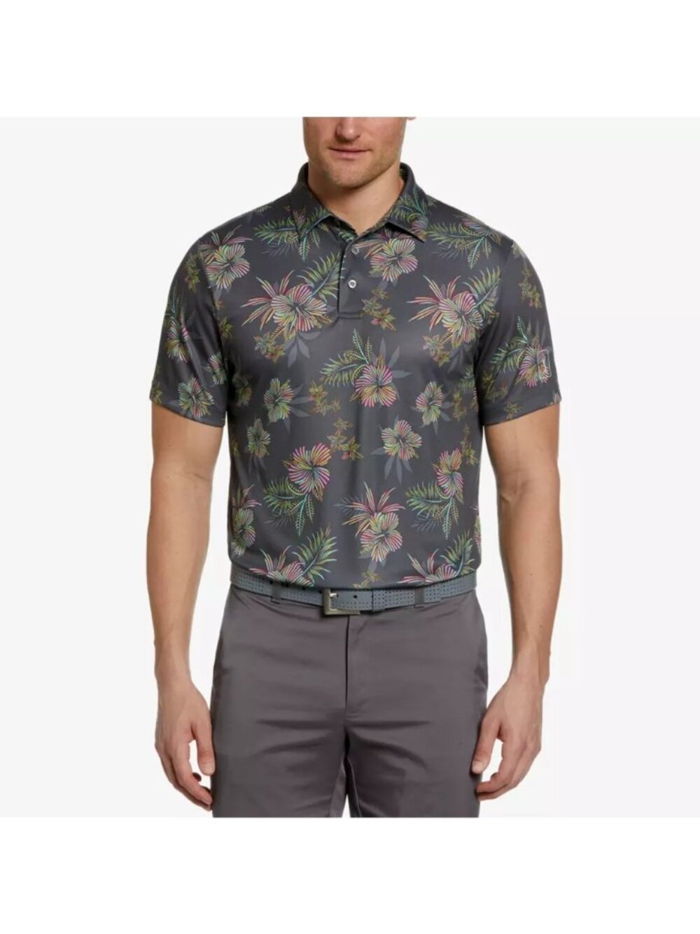 PGA Tour Mens Hibiscus Floral Graphic Polo Shirt Iron Gate Size Small NWT